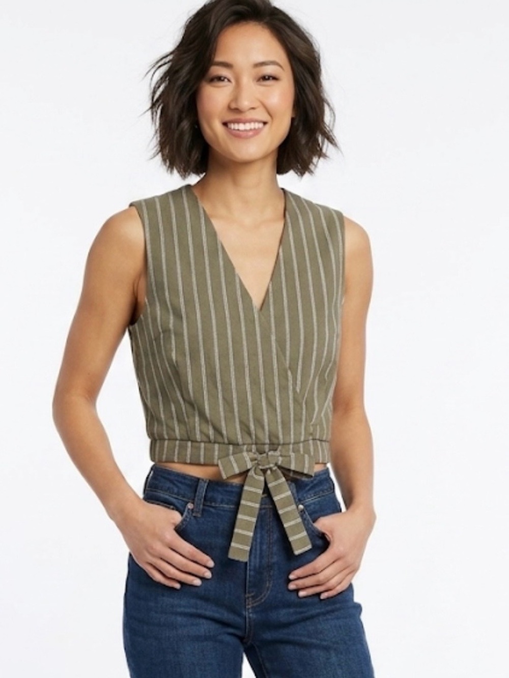 English Factory Olive Green Striped Linen Blend Cropped Wrap Vest Size L
